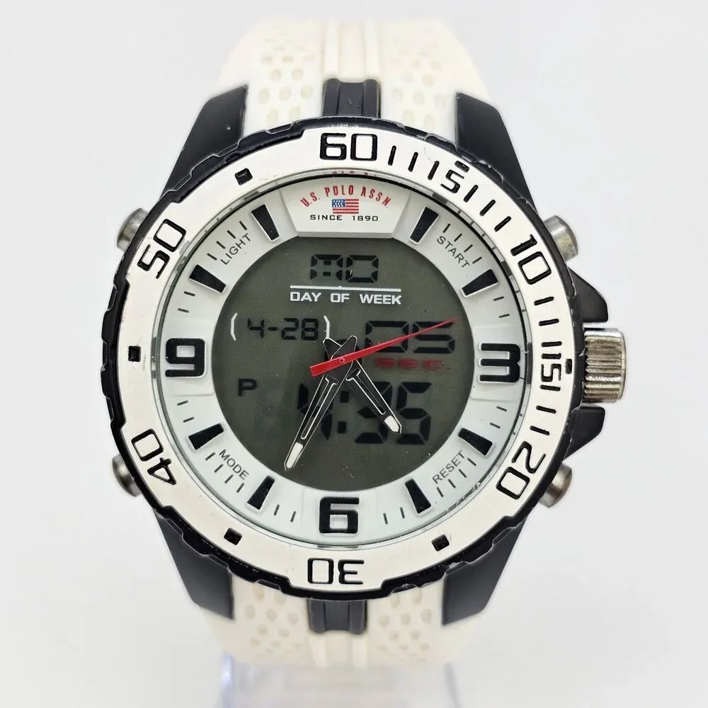 US POLO ASSN Men's Watch Digital Analog 48MM White‎ Platic Bands New Battery